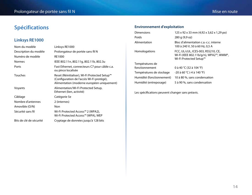 Spécifications, 14 mise en route prolongateur de portée sans fil n, Linksys re1000 | Linksys RE2000 User Manual | Page 197 / 457