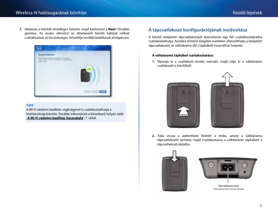 A tápcsatlakozó konfigurációjának módosítása, 4kezdő lépések wireless-n hatósugarának bővítője | Linksys RE2000 User Manual | Page 204 / 457