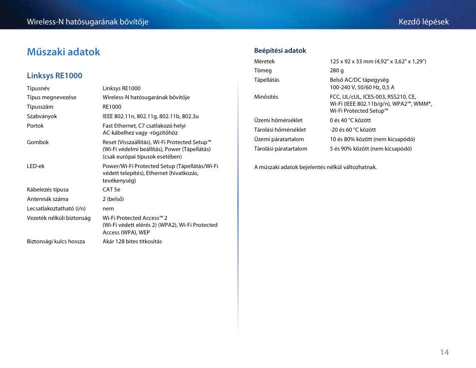 Műszaki adatok, 14 kezdő lépések wireless-n hatósugarának bővítője, Linksys re1000 | Linksys RE2000 User Manual | Page 214 / 457