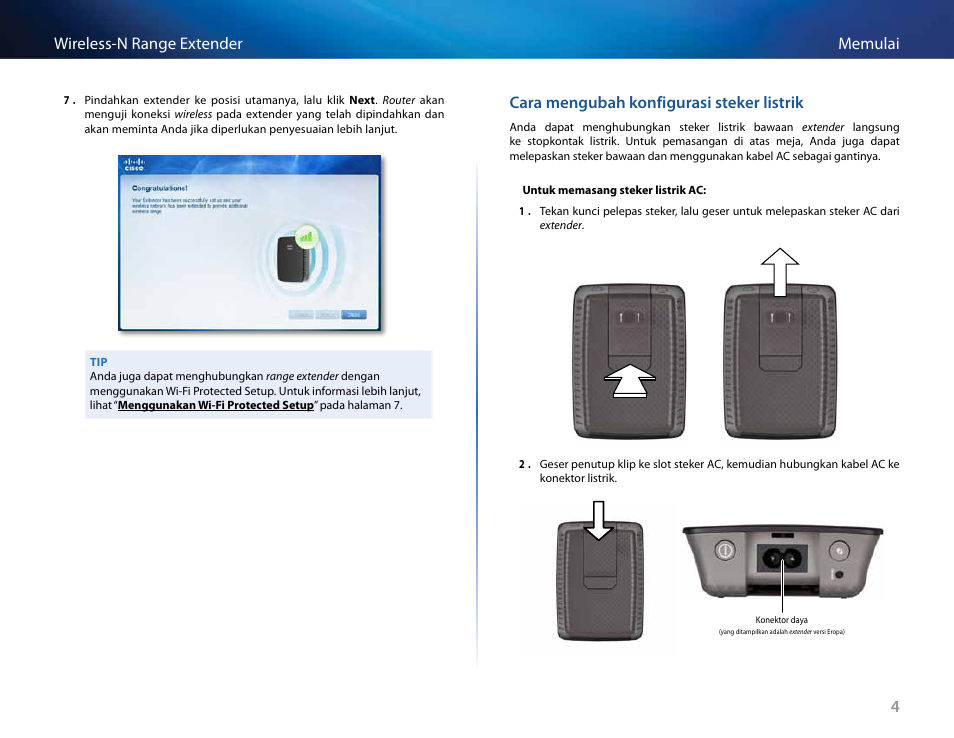 Cara mengubah konfigurasi steker listrik, 4memulai wireless-n range extender | Linksys RE2000 User Manual | Page 221 / 457