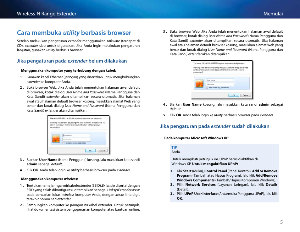 Cara membuka utilitas berbasis browser, Jika penambah jangkauan belum disetel, Jika penambah jangkauan sudah disetel | Cara membuka utility berbasis browser | Linksys RE2000 User Manual | Page 222 / 457