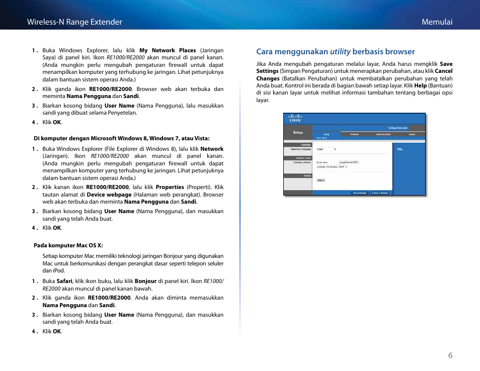 Cara menggunakan utilitas berbasis browser, 6memulai wireless-n range extender, Cara menggunakan utility berbasis browser | Linksys RE2000 User Manual | Page 223 / 457