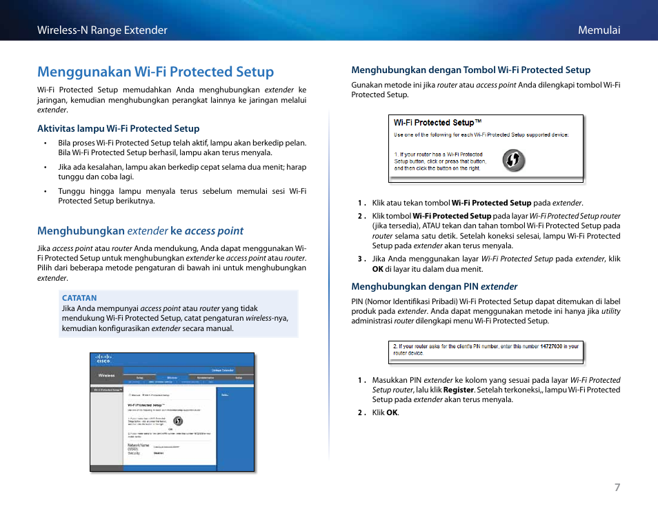 Menggunakan wi-fi protected setup, 7memulai wireless-n range extender, Menghubungkan extender ke access point | Linksys RE2000 User Manual | Page 224 / 457