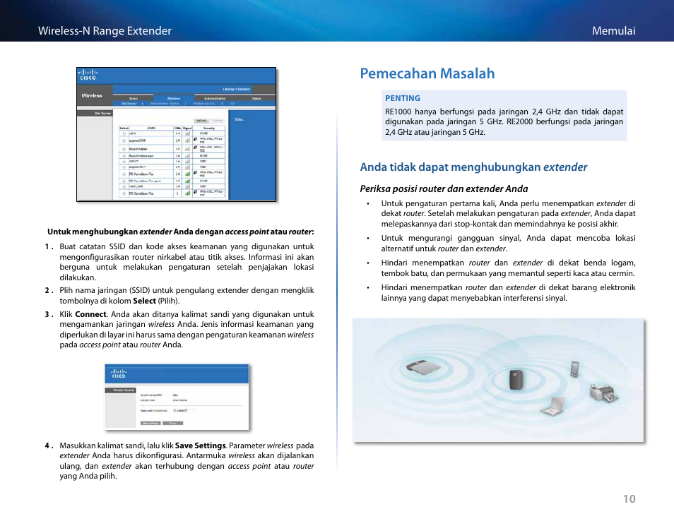 Pemecahan masalah, Anda tidak dapat menghubungkan penambah jangkauan, 10 memulai wireless-n range extender | Anda tidak dapat menghubungkan extender | Linksys RE2000 User Manual | Page 227 / 457