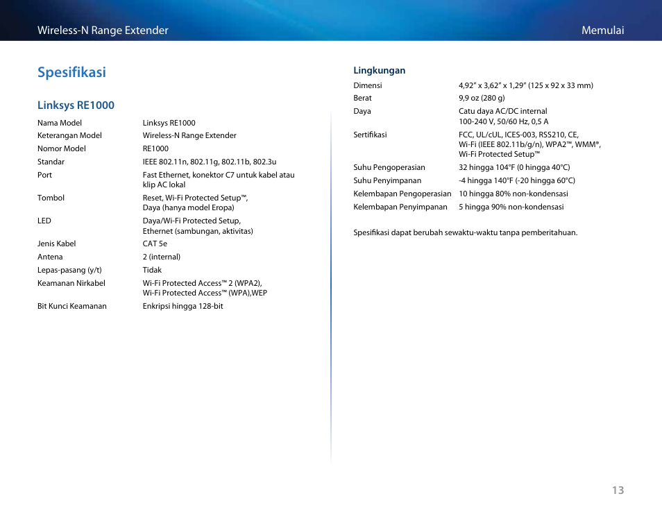 Spesifikasi, 13 memulai wireless-n range extender, Linksys re1000 | Linksys RE2000 User Manual | Page 230 / 457