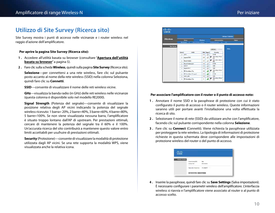 Utilizzo di site survey (ricerca sito) | Linksys RE2000 User Manual | Page 243 / 457