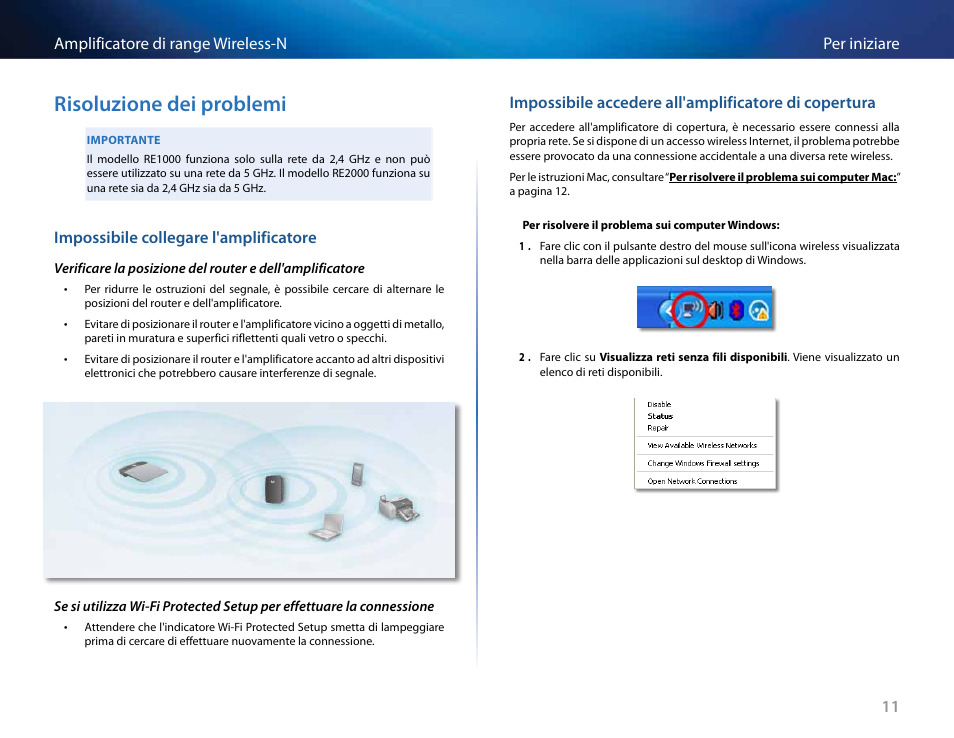 Risoluzione dei problemi, Impossibile collegare l'amplificatore, You cannot access your range extender | 11 per iniziare amplificatore di range wireless-n | Linksys RE2000 User Manual | Page 244 / 457