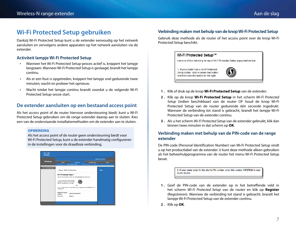 Wi-fi protected setup gebruiken, 7aan de slag wireless-n range extender | Linksys RE2000 User Manual | Page 257 / 457