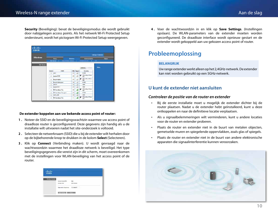 Probleemoplossing, U kunt de extender niet aansluiten, 10 aan de slag wireless-n range extender | Linksys RE2000 User Manual | Page 260 / 457