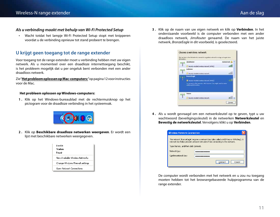 U krijgt geen toegang tot de range extender, 11 aan de slag wireless-n range extender | Linksys RE2000 User Manual | Page 261 / 457