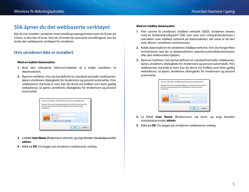 Slik åpner du det webbaserte verktøyet, Hvis utvideren ikke er installert | Linksys RE2000 User Manual | Page 271 / 457