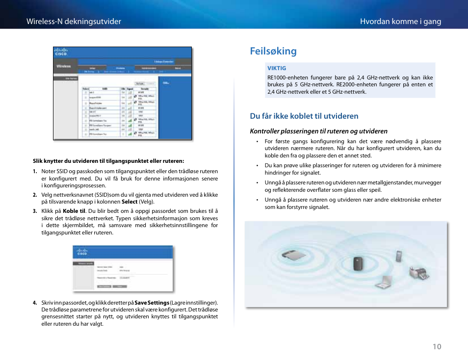 Feilsøking, Du får ikke koblet til utvideren, 10 hvordan komme i gang wireless-n dekningsutvider | Linksys RE2000 User Manual | Page 276 / 457