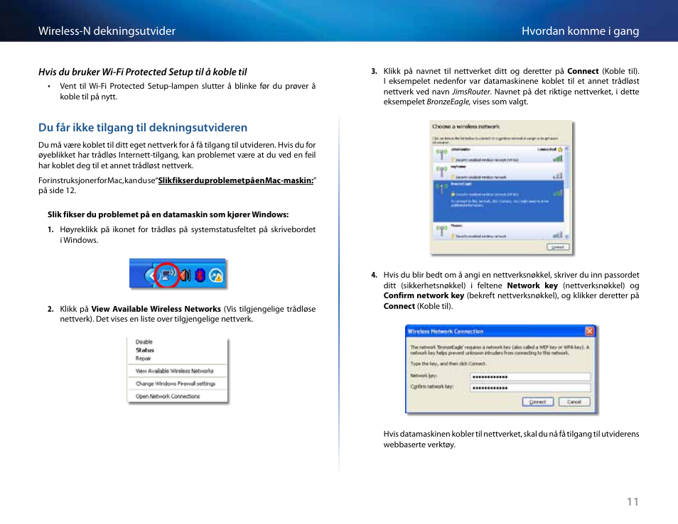 Du får ikke tilgang til dekningsutvideren, 11 hvordan komme i gang wireless-n dekningsutvider | Linksys RE2000 User Manual | Page 277 / 457