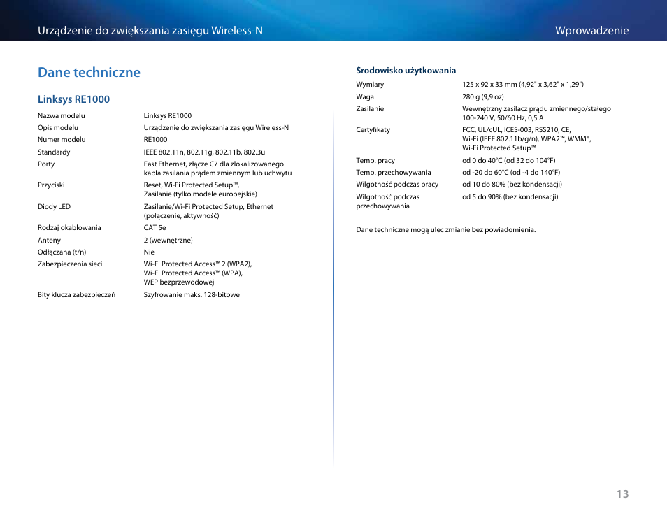 Dane techniczne, Linksys re1000 | Linksys RE2000 User Manual | Page 295 / 457