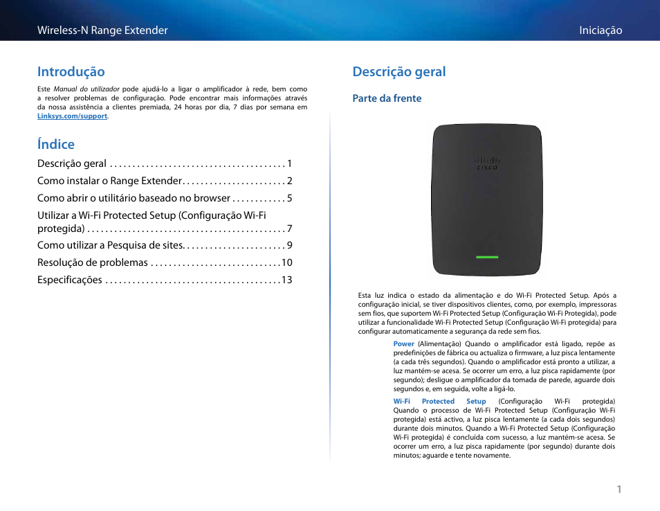 Introdução, Índice, Descrição geral | 1iniciação wireless-n range extender, Parte da frente | Linksys RE2000 User Manual | Page 299 / 457