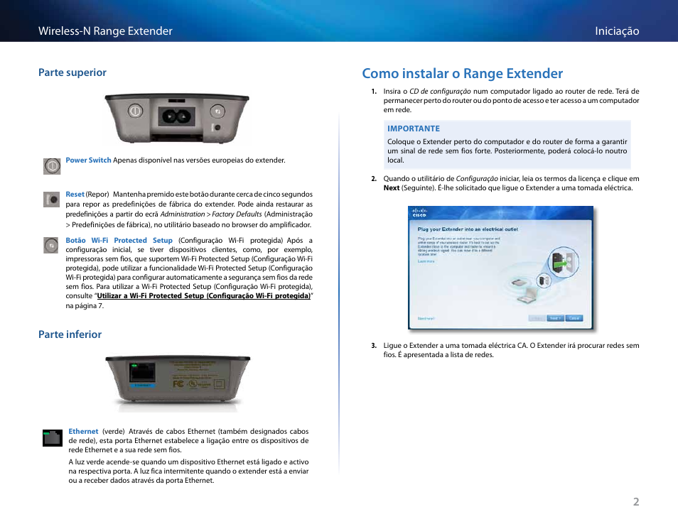 Como instalar o range extender, 2iniciação wireless-n range extender, Parte superior | Parte inferior | Linksys RE2000 User Manual | Page 300 / 457