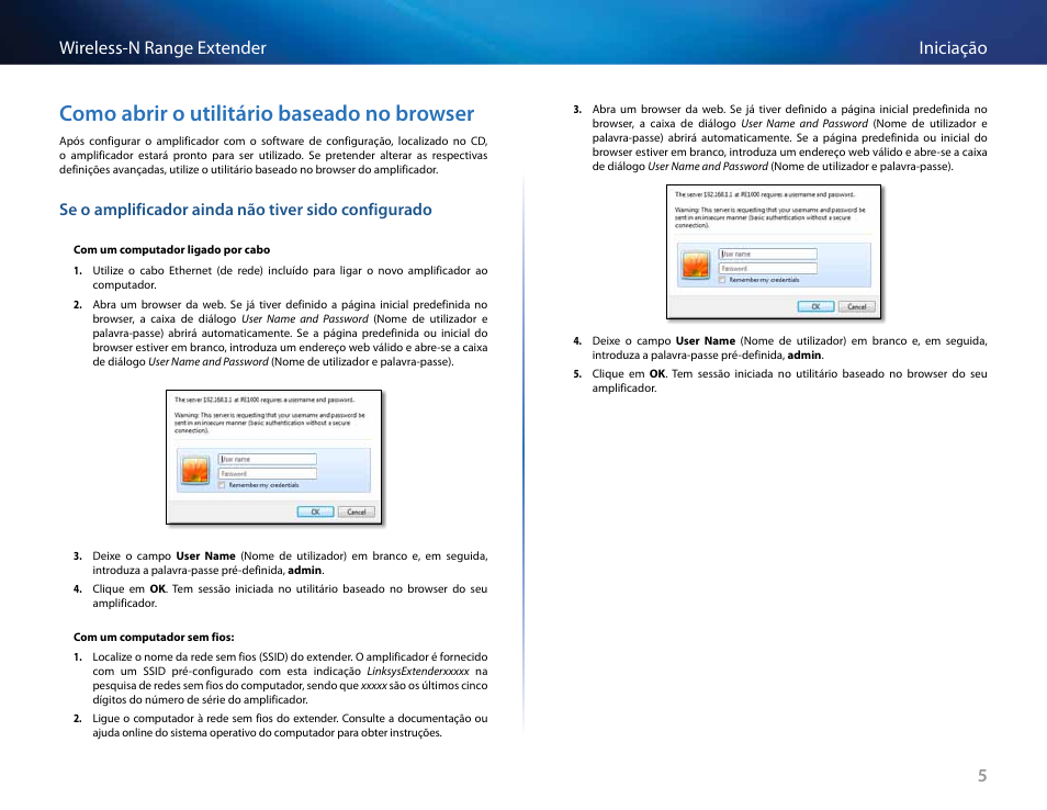 Como abrir o utilitário baseado no browser, Se o amplificador ainda não tiver sido configurado, 5iniciação wireless-n range extender | Linksys RE2000 User Manual | Page 303 / 457