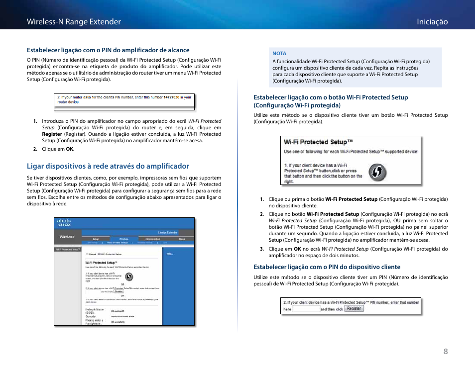 Ligar dispositivos à rede através do amplificador, 8iniciação wireless-n range extender | Linksys RE2000 User Manual | Page 306 / 457