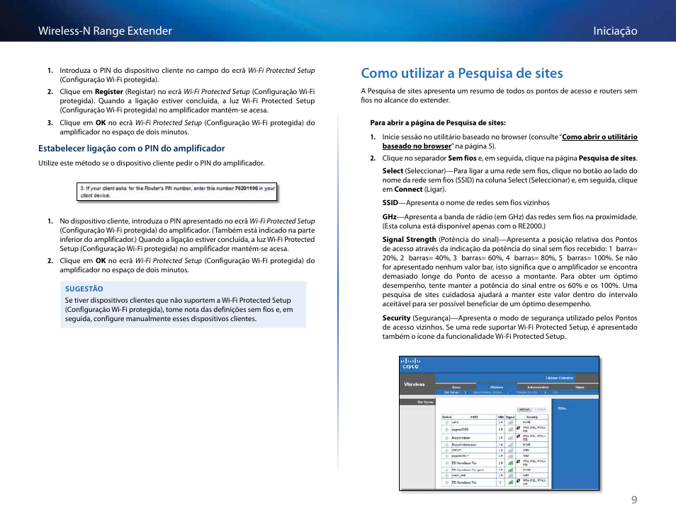 Como utilizar a pesquisa de sites, 9iniciação wireless-n range extender | Linksys RE2000 User Manual | Page 307 / 457