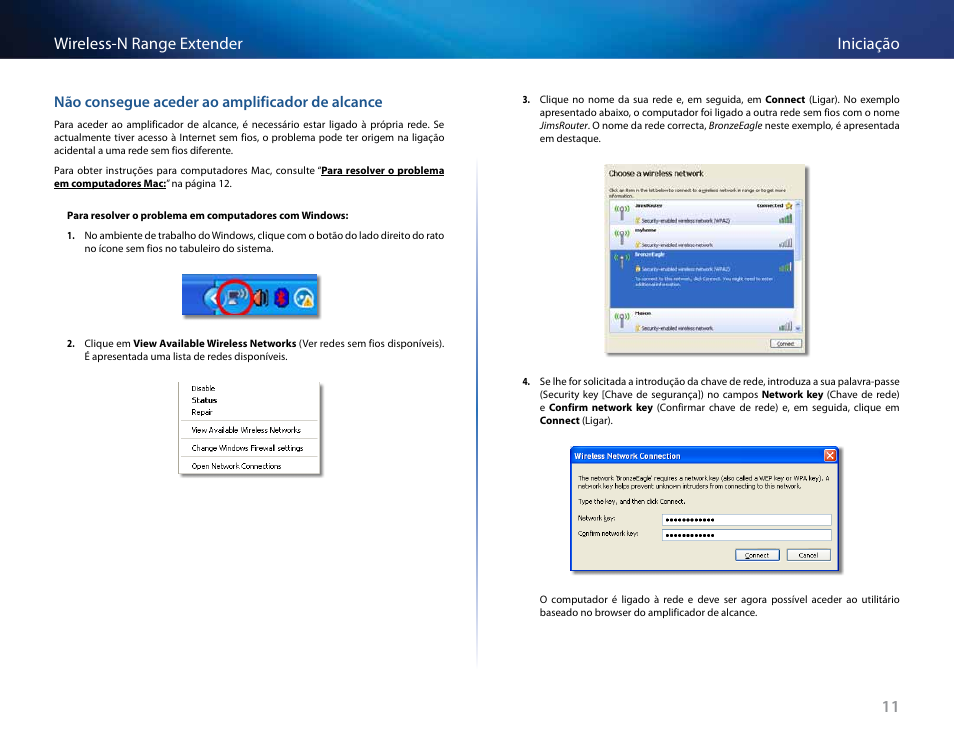 Não consegue aceder ao amplificador de alcance, 11 iniciação wireless-n range extender | Linksys RE2000 User Manual | Page 309 / 457