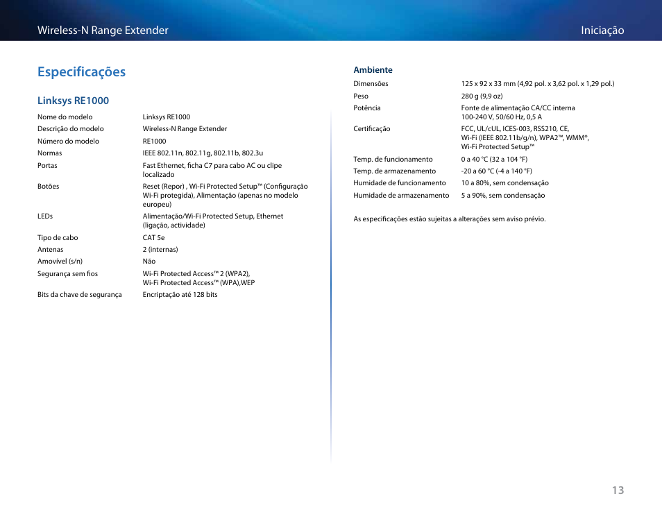 Especificações, 13 iniciação wireless-n range extender, Linksys re1000 | Linksys RE2000 User Manual | Page 311 / 457