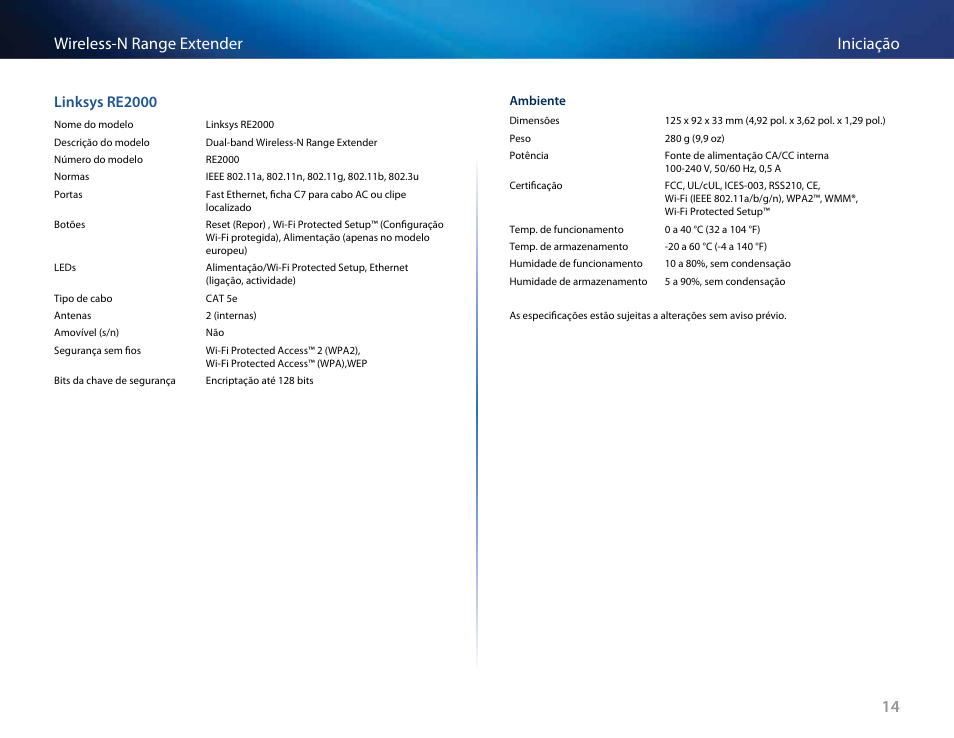 14 iniciação wireless-n range extender, Linksys re2000 | Linksys RE2000 User Manual | Page 312 / 457