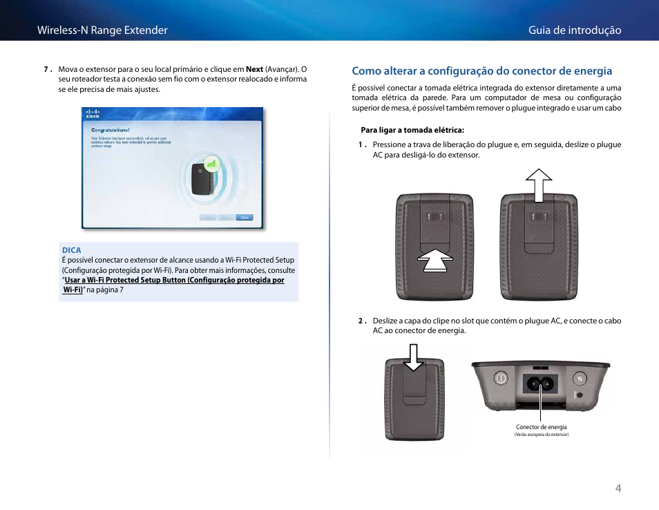 4guia de introdução wireless-n range extender, Como alterar a configuração do conector de energia | Linksys RE2000 User Manual | Page 318 / 457