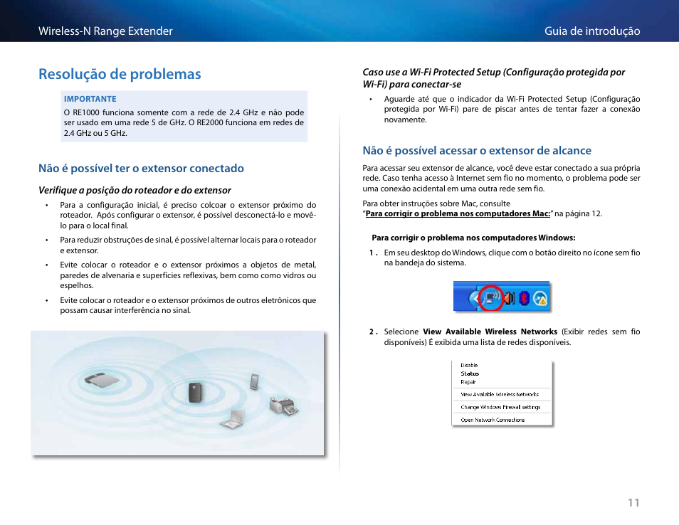 Resolução de problemas, 11 guia de introdução wireless-n range extender, Nгo й possível ter o extensor conectado | Nгo й possível acessar o extensor de alcance | Linksys RE2000 User Manual | Page 325 / 457