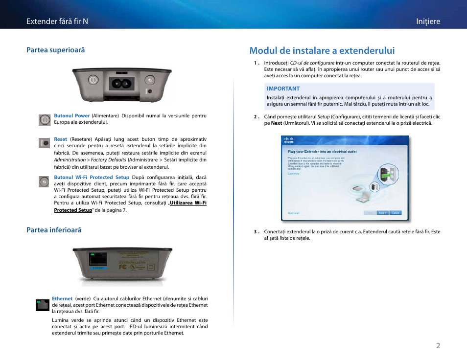 Modul de instalare a extenderului, 2iniţiere extender fără fir n, Partea superioară | Partea inferioară | Linksys RE2000 User Manual | Page 333 / 457