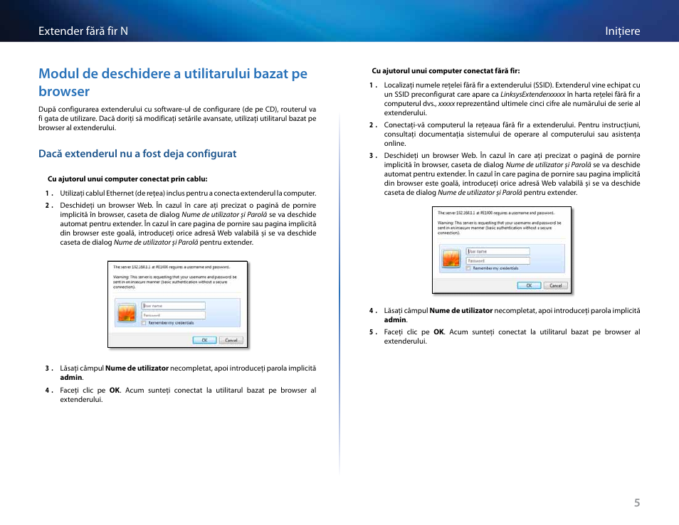 Dacă extenderul nu a fost deja configurat, 5iniţiere extender fără fir n | Linksys RE2000 User Manual | Page 336 / 457