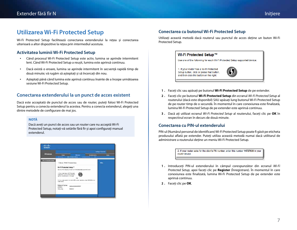 Utilizarea wi-fi protected setup, 7iniţiere extender fără fir n | Linksys RE2000 User Manual | Page 338 / 457