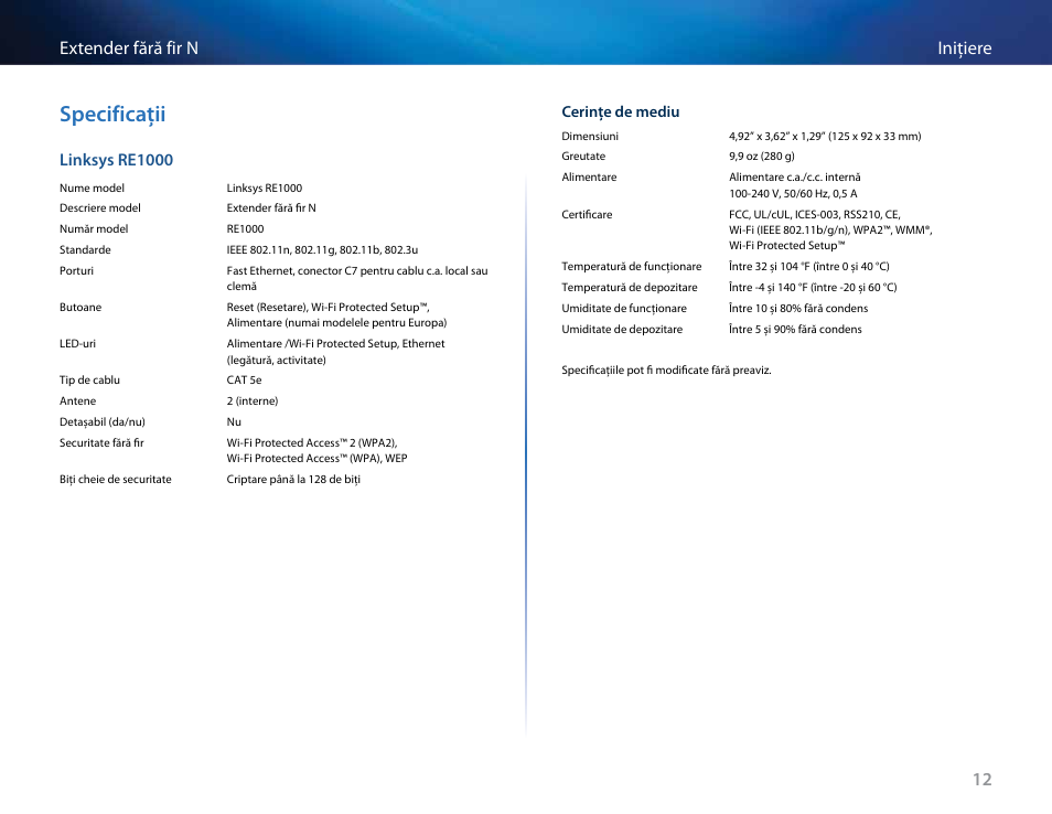 Specificaţii, 12 iniţiere extender fără fir n, Linksys re1000 | Linksys RE2000 User Manual | Page 343 / 457