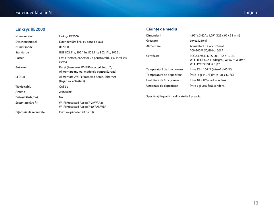 13 iniţiere extender fără fir n, Linksys re2000, Cerinţe de mediu | Linksys RE2000 User Manual | Page 344 / 457