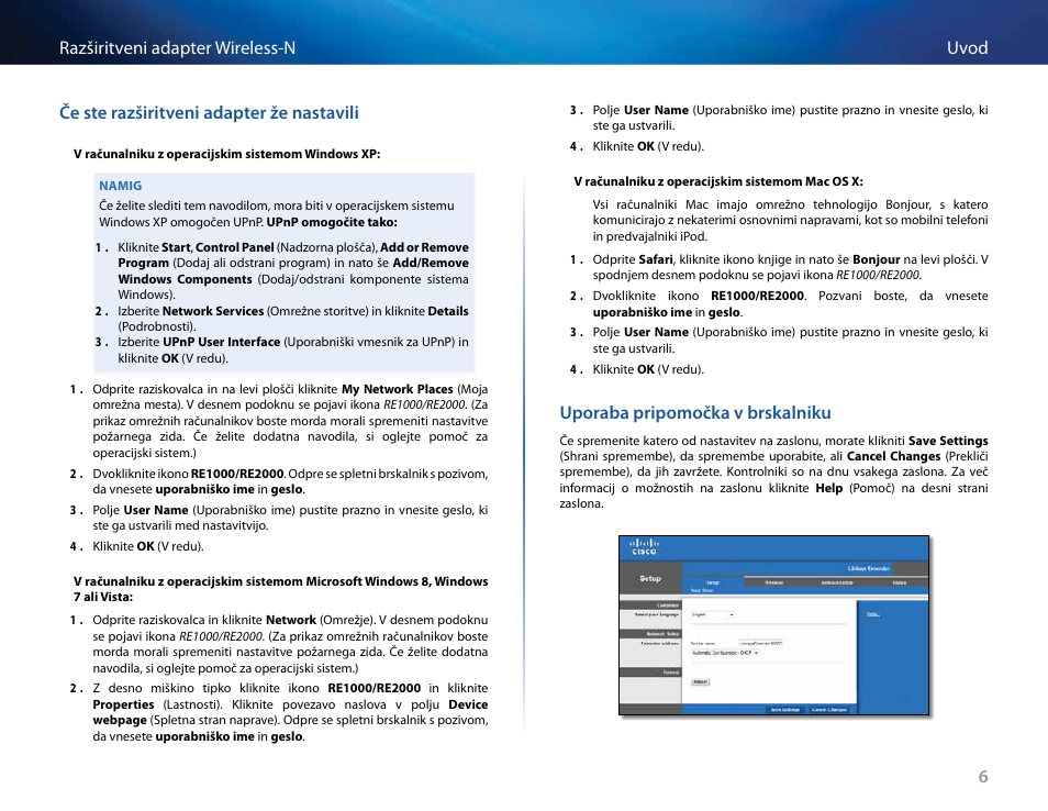 Če ste razširitveni adapter že nastavili, Uporaba pripomočka v brskalniku | Linksys RE2000 User Manual | Page 368 / 457