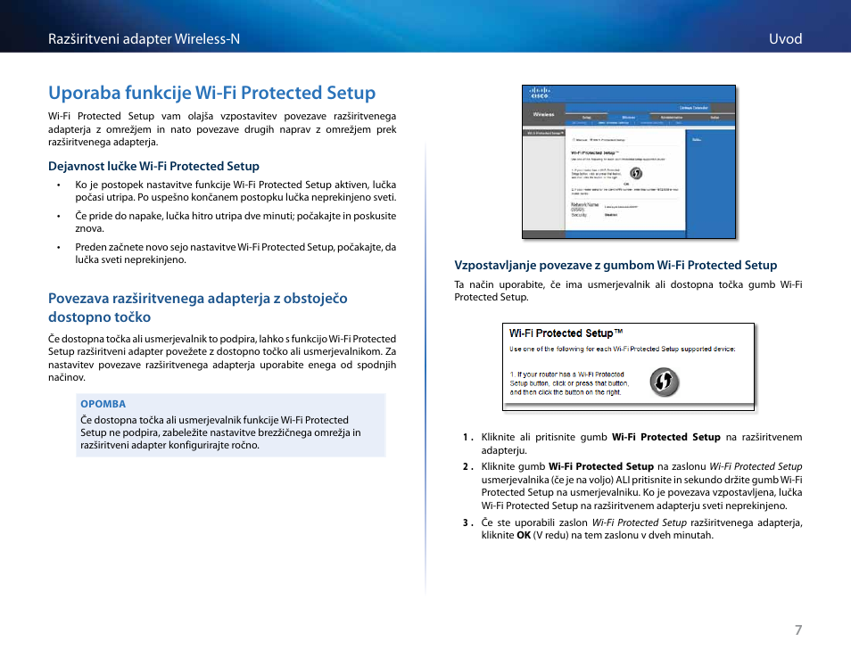 Uporaba funkcije wi-fi protected setup, 7uvod razširitveni adapter wireless-n | Linksys RE2000 User Manual | Page 369 / 457