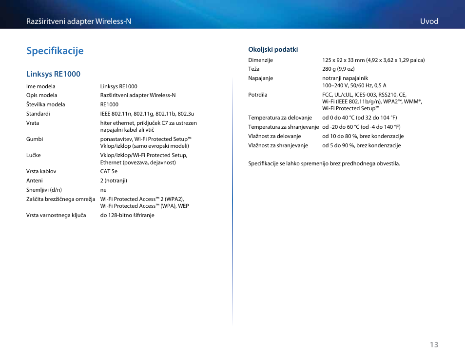 Specifikacije, 13 uvod razširitveni adapter wireless-n, Linksys re1000 | Linksys RE2000 User Manual | Page 375 / 457