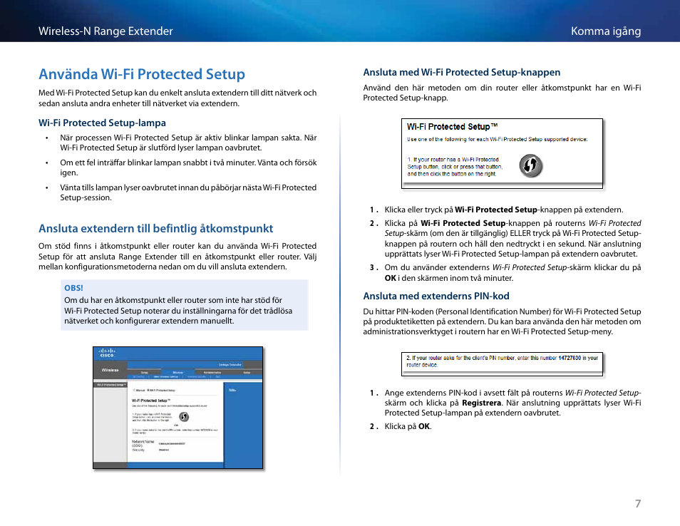 Använda wi‑fi protected setup, Ansluta extendern till befintlig åtkomstpunkt, Använda wi-fi protected setup | 7komma igång wireless-n range extender | Linksys RE2000 User Manual | Page 385 / 457