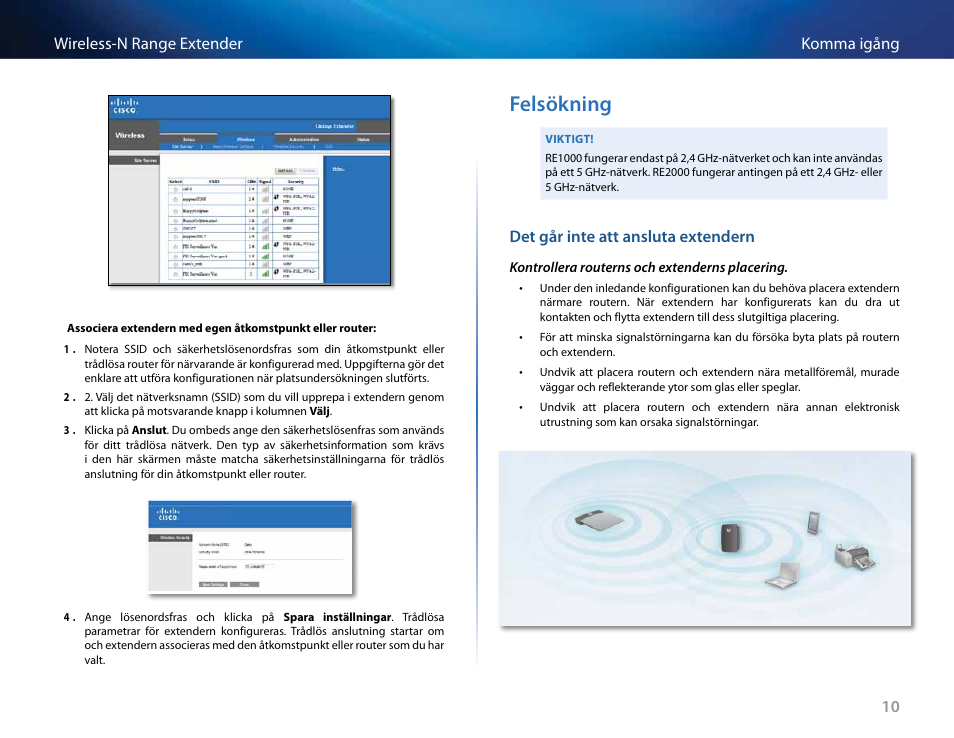 Felsökning, Det går inte att ansluta extendern, 10 komma igång wireless-n range extender | Linksys RE2000 User Manual | Page 388 / 457