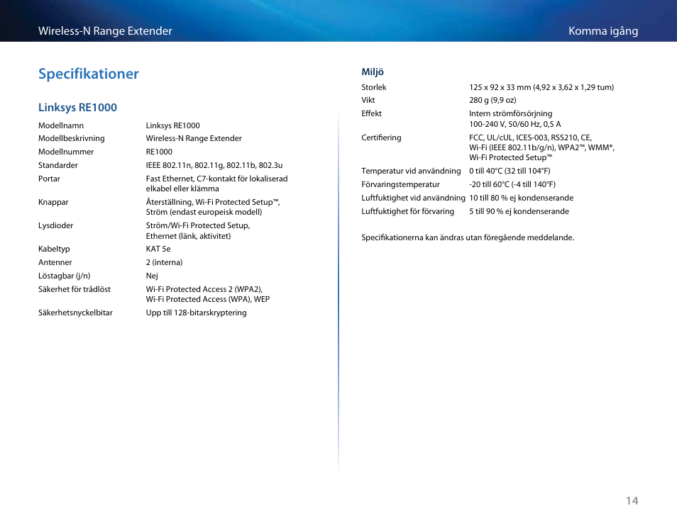 Specifikationer, 14 komma igång wireless-n range extender, Linksys re1000 | Linksys RE2000 User Manual | Page 392 / 457