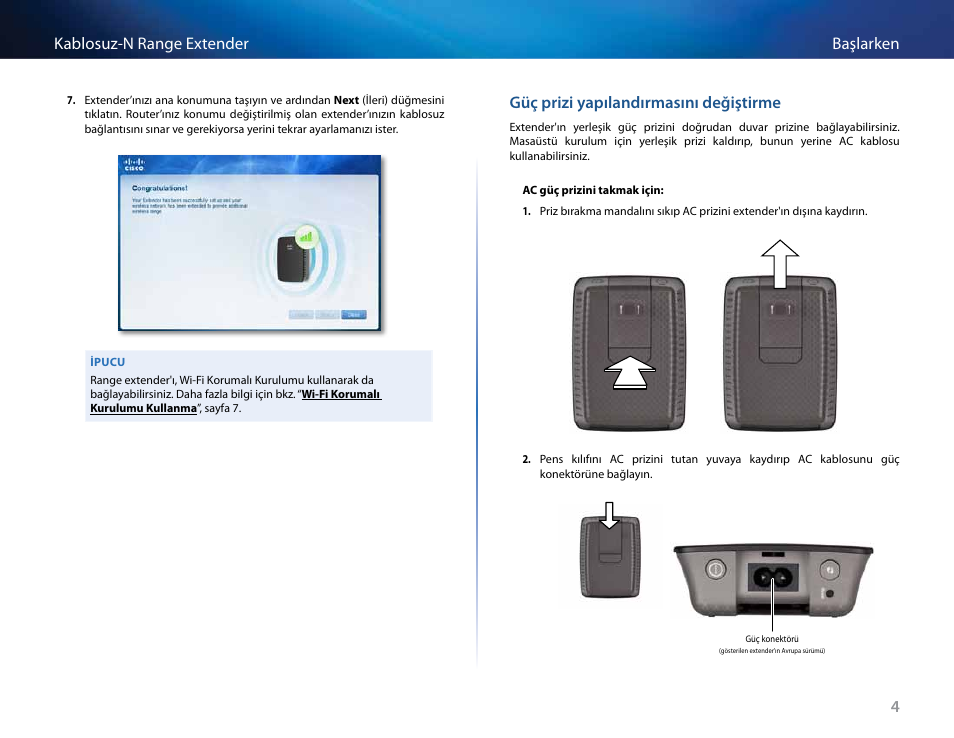 Güç prizi yapılandırmasını değiştirme, 4başlarken kablosuz-n range extender | Linksys RE2000 User Manual | Page 415 / 457