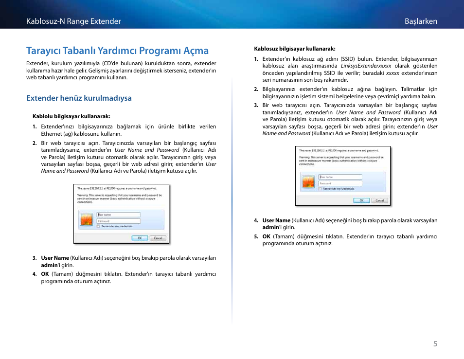 Tarayıcı tabanlı yardımcı programı açma, Extender henüz kurulmadıysa | Linksys RE2000 User Manual | Page 416 / 457