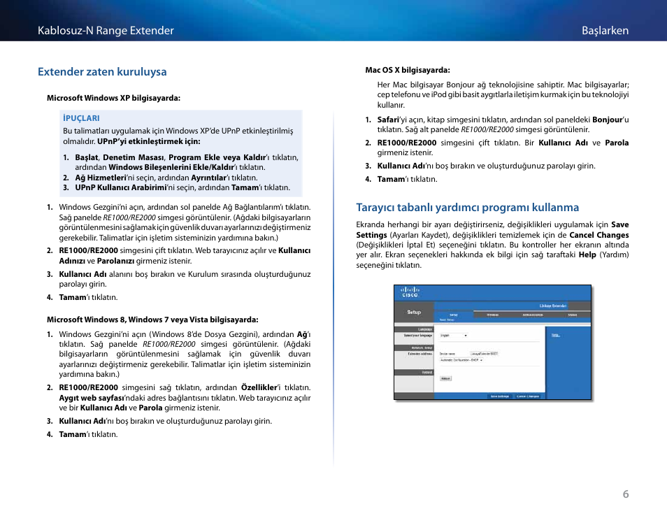 Extender zaten kuruluysa, Tarayıcı tabanlı yardımcı programı kullanma | Linksys RE2000 User Manual | Page 417 / 457