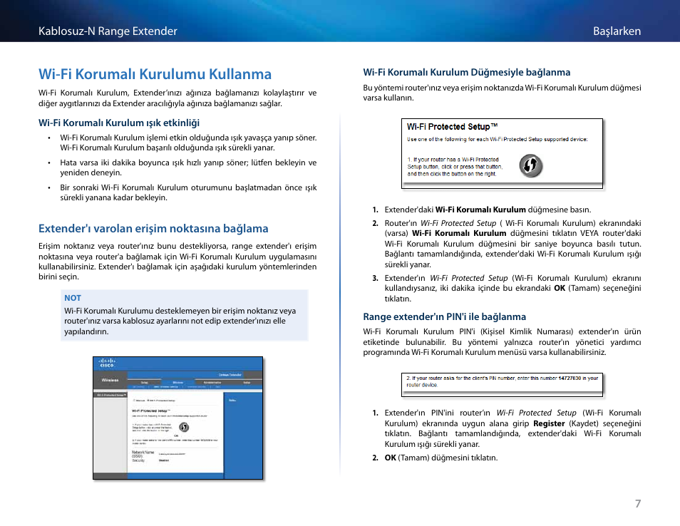 Wi-fi korumalı kurulumu kullanma, Extender'ı varolan erişim noktasına bağlama, 7başlarken kablosuz-n range extender | Linksys RE2000 User Manual | Page 418 / 457