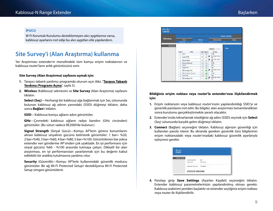 Site survey'i (alan araştırma) kullanma, Site survey’i (alan araştırma) kullanma | Linksys RE2000 User Manual | Page 420 / 457