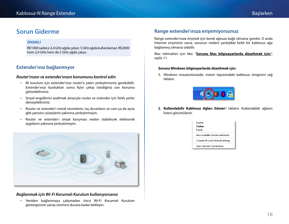 Sorun giderme, Extender'ınız bağlanmıyor, Range extender'ınıza erişemiyorsunuz | 10 başlarken kablosuz-n range extender | Linksys RE2000 User Manual | Page 421 / 457