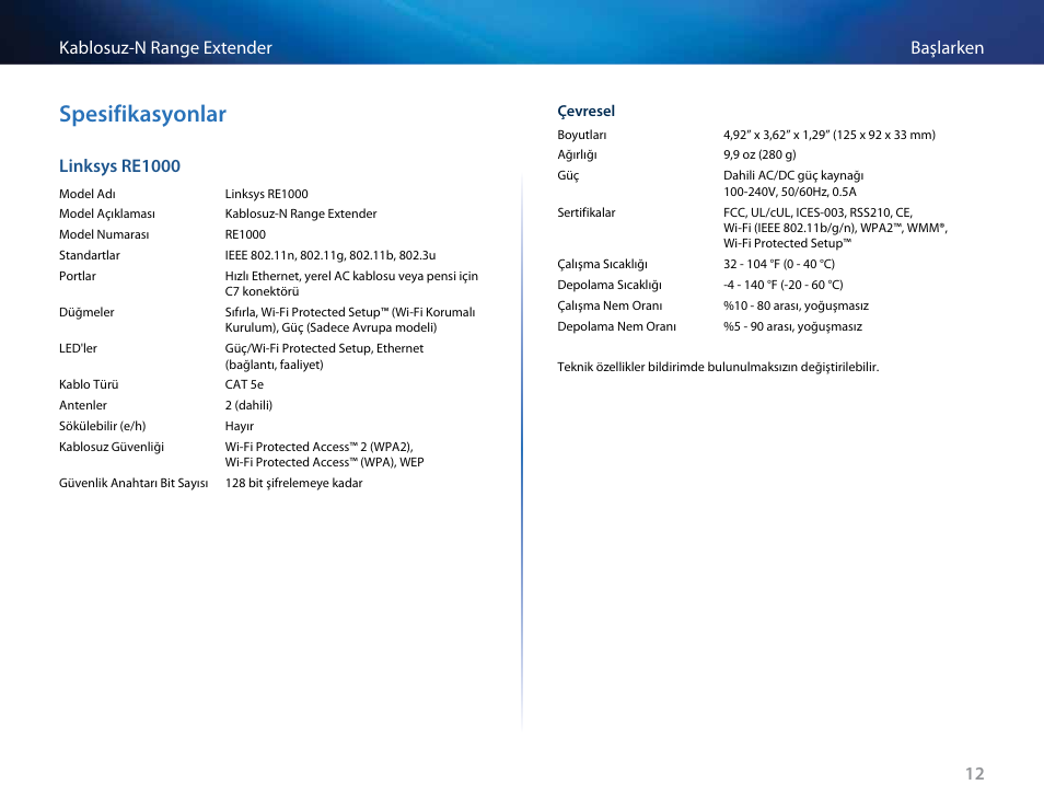 Spesifikasyonlar, 12 başlarken kablosuz-n range extender, Linksys re1000 | Linksys RE2000 User Manual | Page 423 / 457