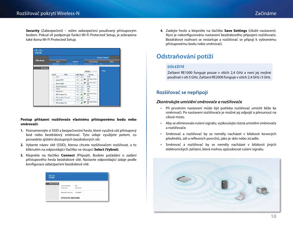 Odstraňování potíží, Rozšiřovač se nepřipojí, 10 začínáme rozšiřovač pokrytí wireless-n | Linksys RE2000 User Manual | Page 44 / 457