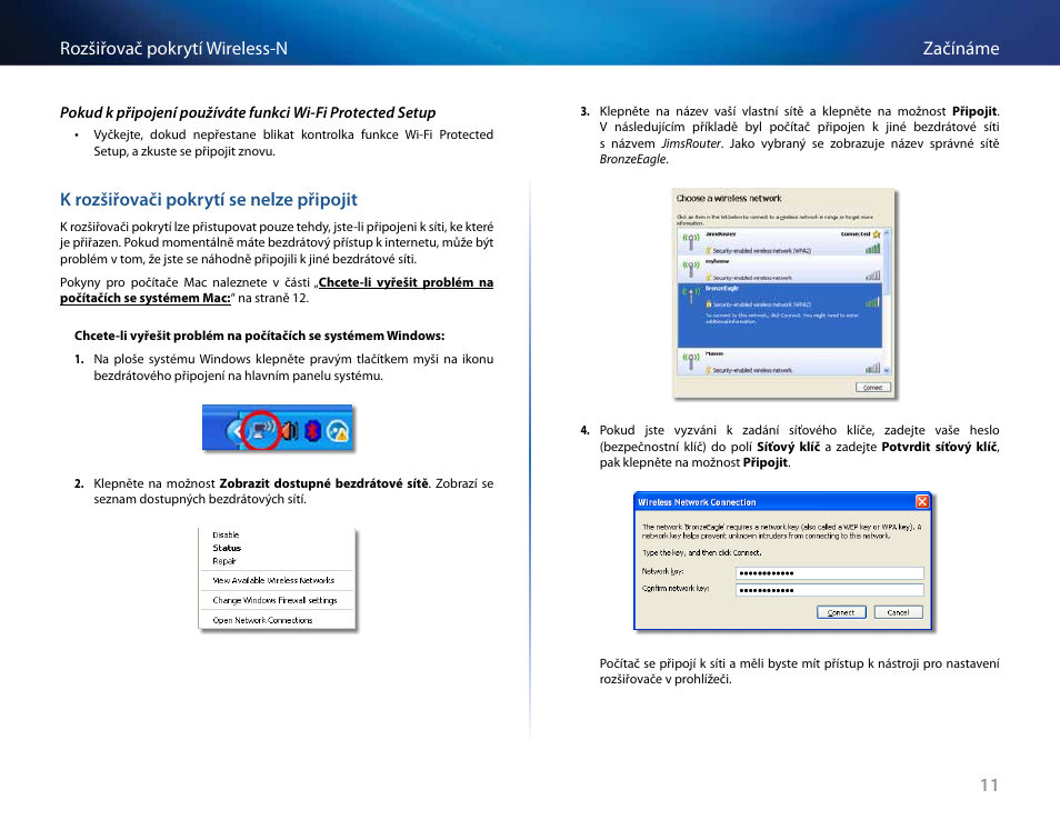 K rozšiřovači pokrytí se nelze připojit, 11 začínáme rozšiřovač pokrytí wireless-n | Linksys RE2000 User Manual | Page 45 / 457