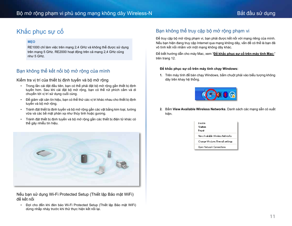 Khắc phục sự cố, Bạn không thể kết nối bộ mở rộng của mình, Bạn không thể truy cập bộ mở rộng phạm vi | Linksys RE2000 User Manual | Page 453 / 457
