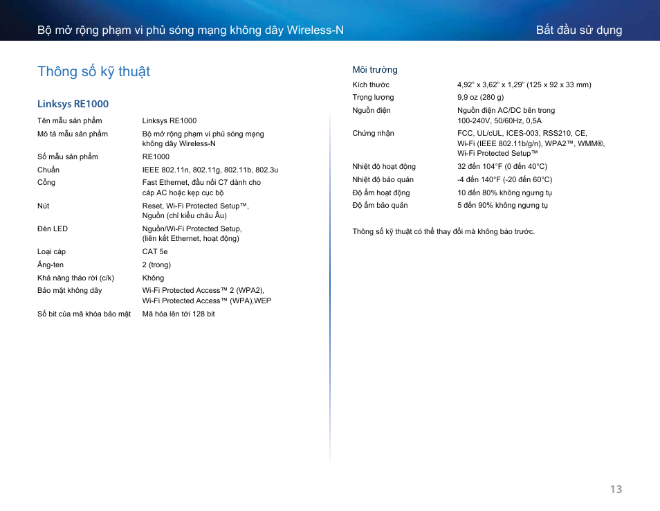 Thông số kỹ thuật, Linksys re1000 | Linksys RE2000 User Manual | Page 455 / 457